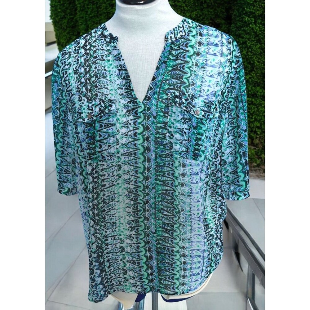 Two by Vince Camuto Size 2X Shirt Top Abstract Print Green Blue Semi Sheer